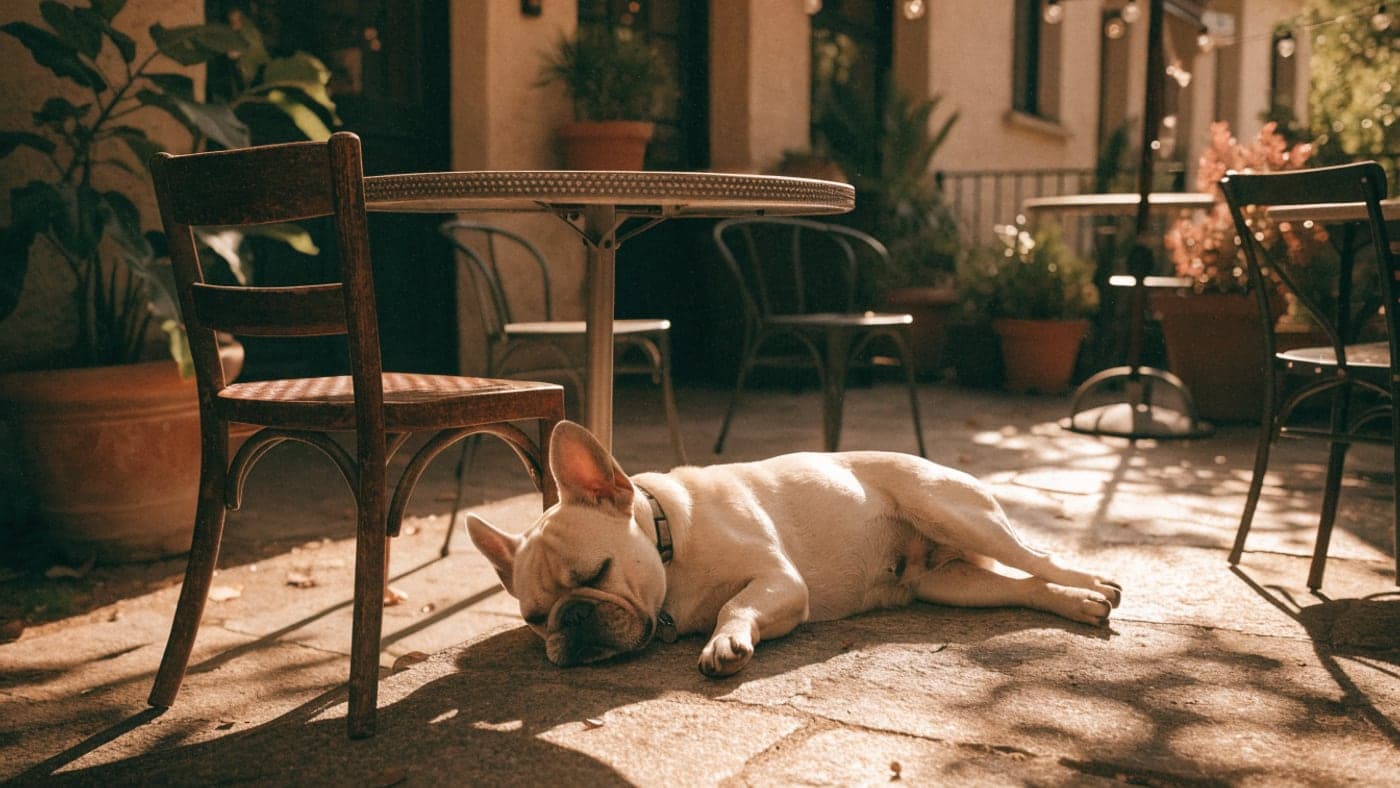 A cream French Bulldog resting in the shade under a cafe patio table in a sunny courtyard