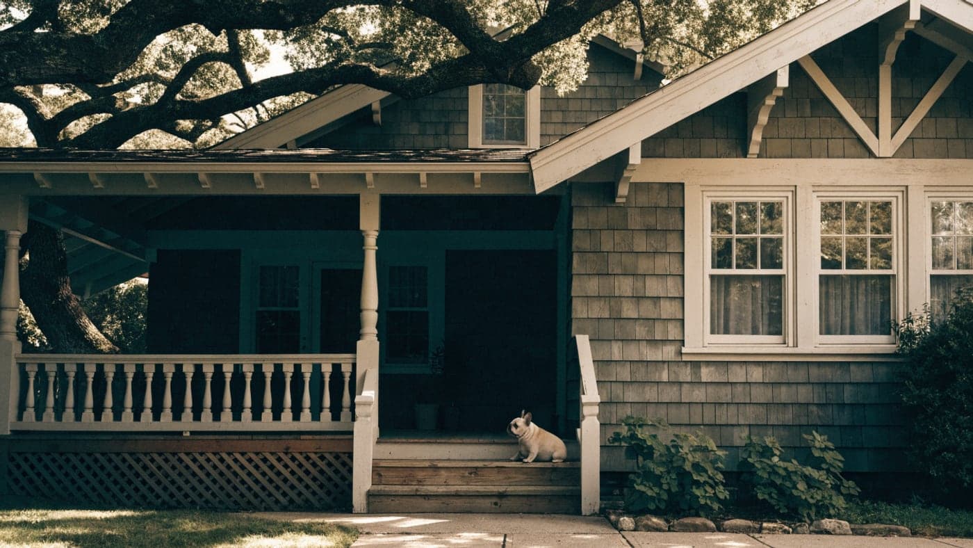A cream French Bulldog sitting on the porch steps of a craftsman bungalow under a spreading oak