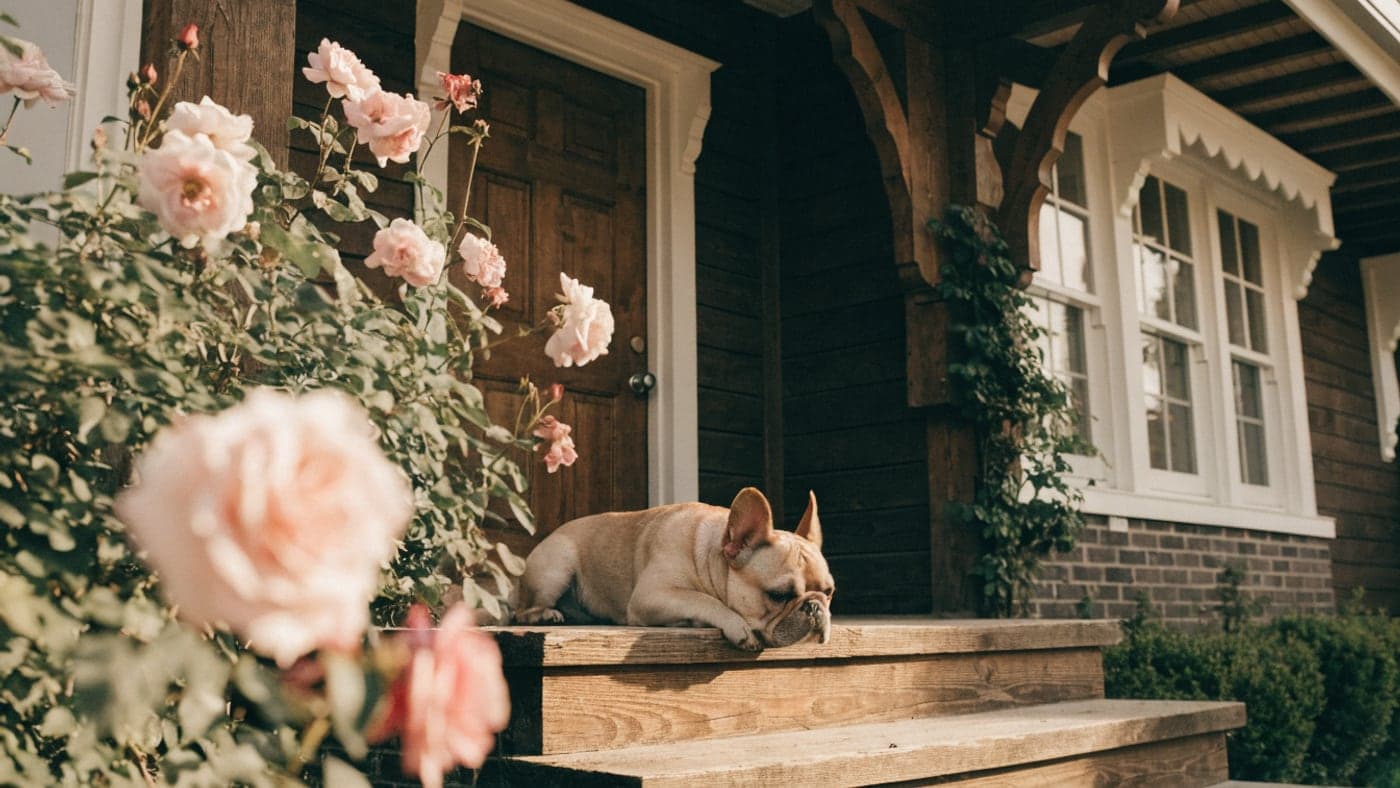 A fawn French Bulldog resting on the steps of a craftsman house with roses nearby